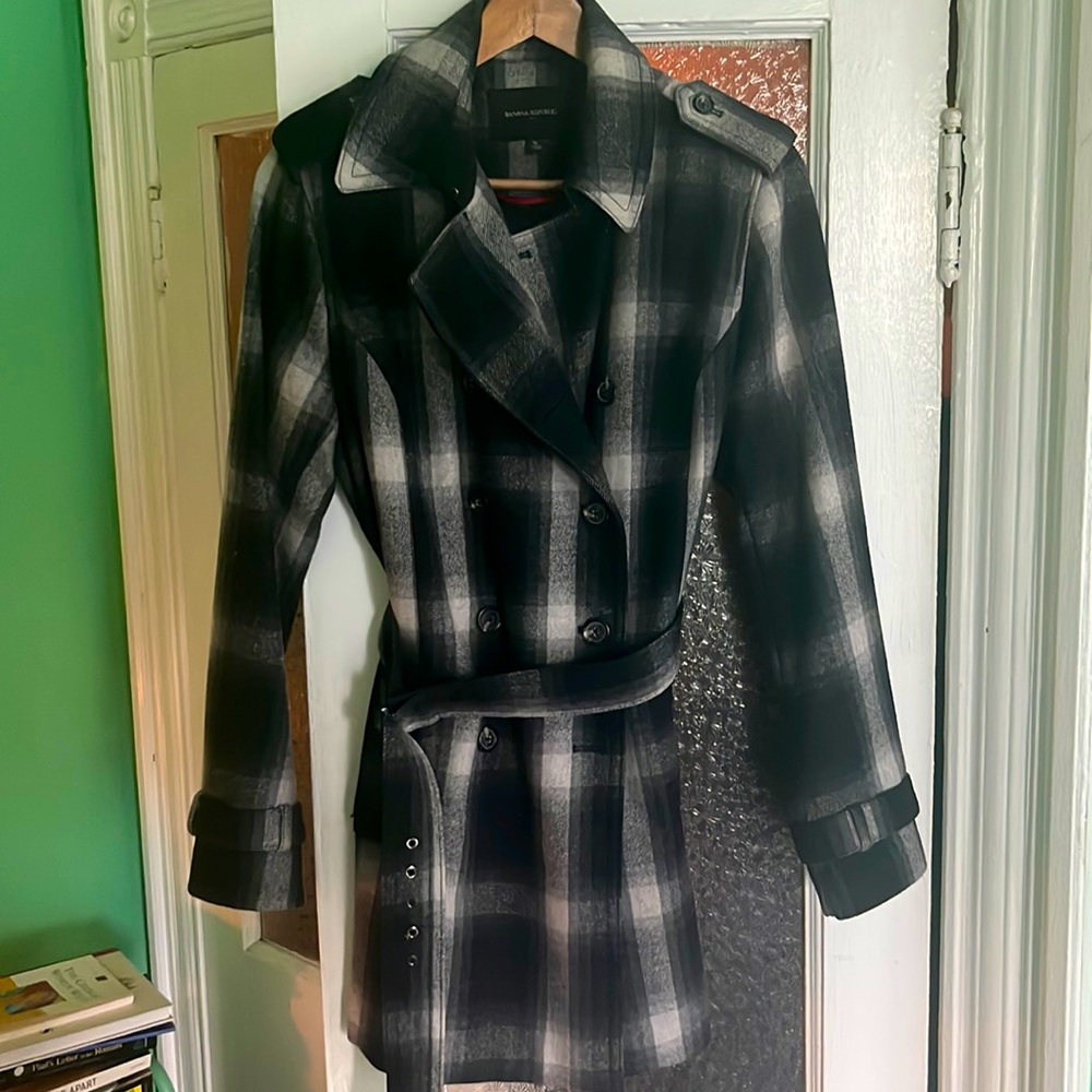 Banana Republic Wool-Blend Plaid Pea Coat— Excellent Condition
